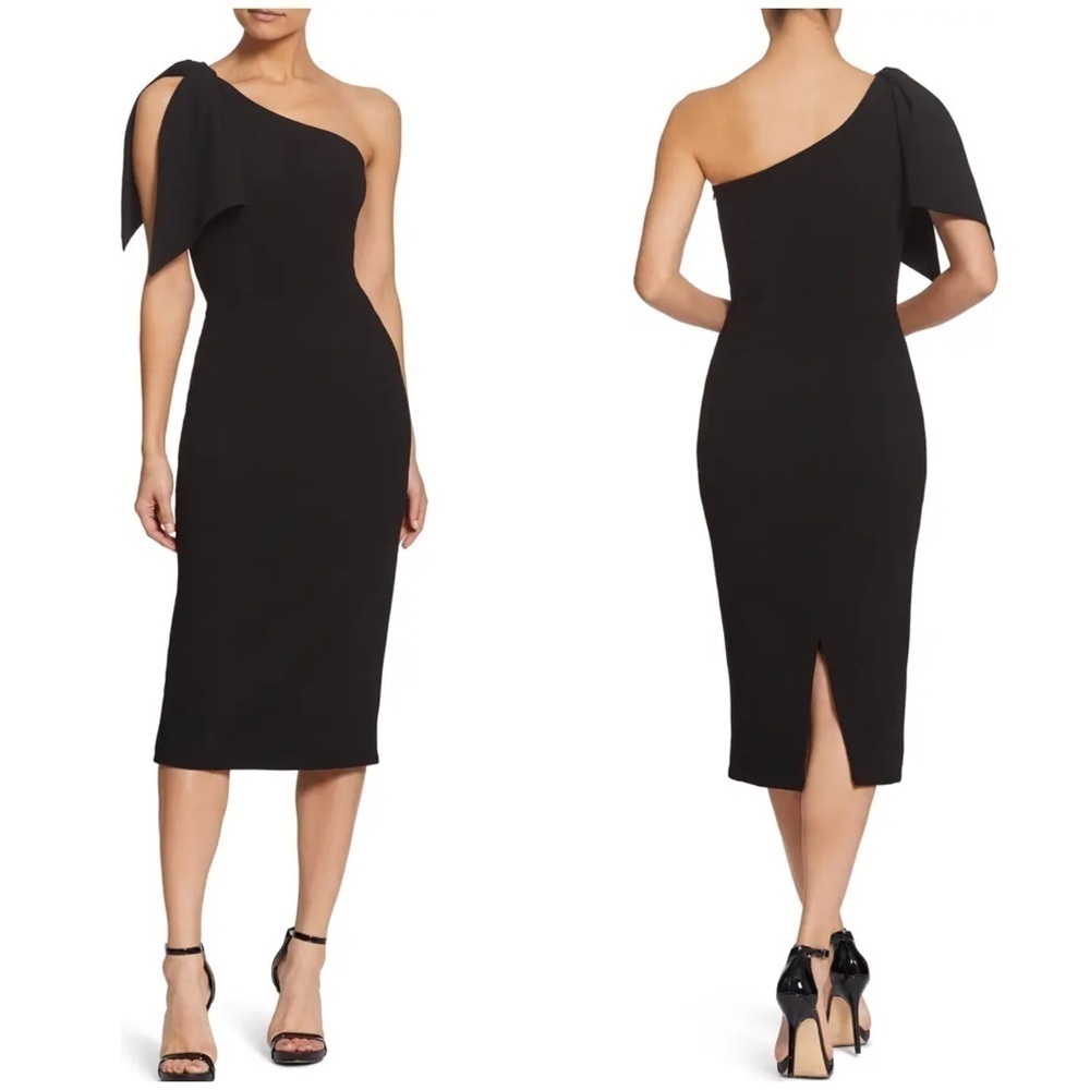 NWT Dress The Population Tiffany One Shoulder Midi Dress Black Shoulder Bow Sz S